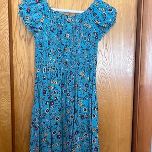 Floral Blue Ruched Dress with Cap Sleeves